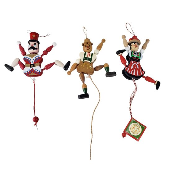 Gschnitzer, Unbranded Other - 3 Wooden Pull String Jumping Toy Gschnitzer Soldier Dirndl Girl Leiderhosen Boy